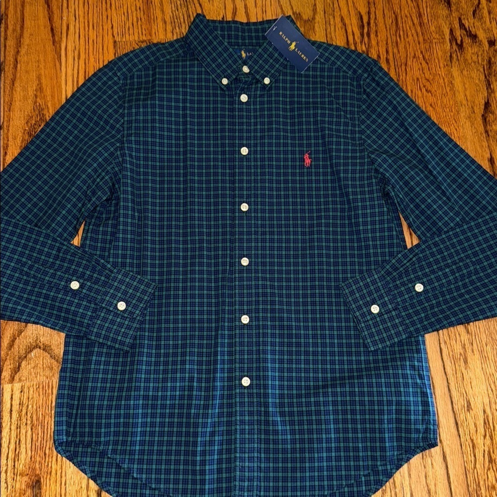 Polo Ralph Lauren boys navy and green plaid oxford shirt size large (14-16) NWT